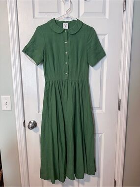 Son De Flor Green Peter Pan Collar Midi Linen Dress XXS